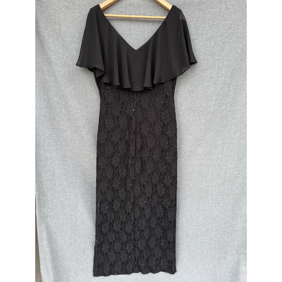 Connected Apparel Sz 12P Black Sequins Lace Cape Sleeve Long Sheath Dress - Picture 7 of 9